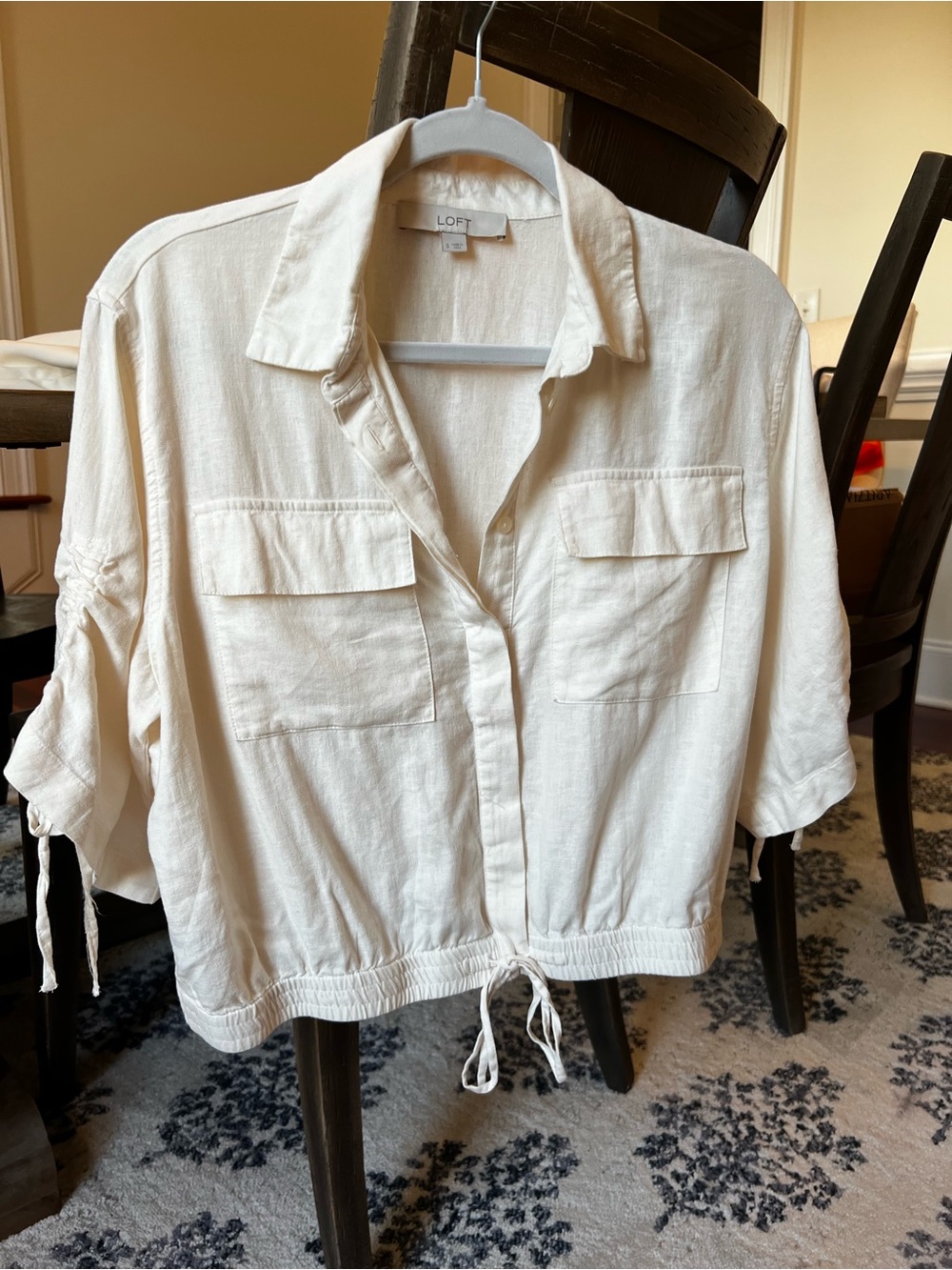 LOFT Cream Drawstring Cropped Utility Shirt